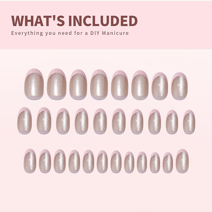 Pink French Tip Soft Gel Press on Nails Short Almond Cats Eyes Fake Nails Designs Bling Acrylic Nails Full Cover Stick on Nails Glossy Thickened False Nails with Nail Glue for Women's Daily