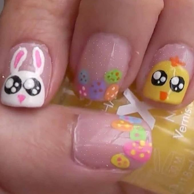 24 Pcs Easter Square Press on Nails Easter Egg Fake Nails Short False Nails with Cute Bunny Chick Designs Glitter Full Cover Stick on Nails Easter Day Eggs Acrylic Nails for Women Nail Art Manicure