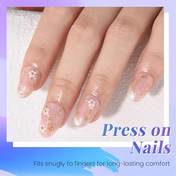 evpct Pink Glitter Press on Nails Short Oval with 3D Gold Line, Glitter French Tip Stick on Nail for Women Gift, Reusable Full Cover Soft Gel Press on Fake Nail with 3D White Flower Gold Design