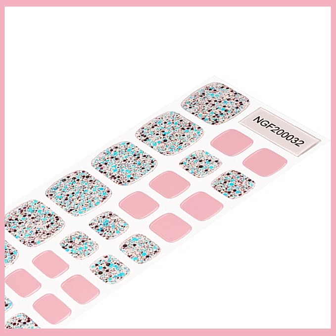 WOKOTO Semi Cured Gel Nail Strips For Toenails, 16 Size 32 Tips Pink & Iridescent Glitter design Toe Nail Polish Strips With Nail File & Wooden Stick, Works With Lamps, Salon-Quality, Long Lasting