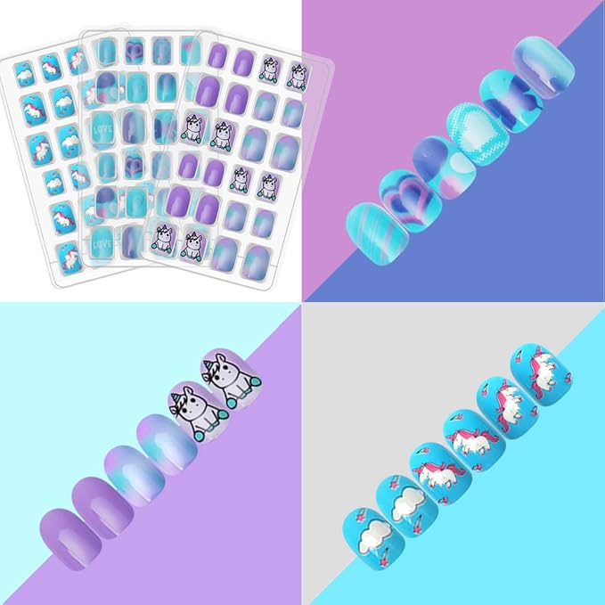 Allstarry 120pcs 5 pack Children Nails Press on Pre-glue Full Cover Glitter Gradient Color Rainbow Short False Nail Kits Lovely Gift for Children Little Girls Nail Art Decoration - Unicorn & Rainbow