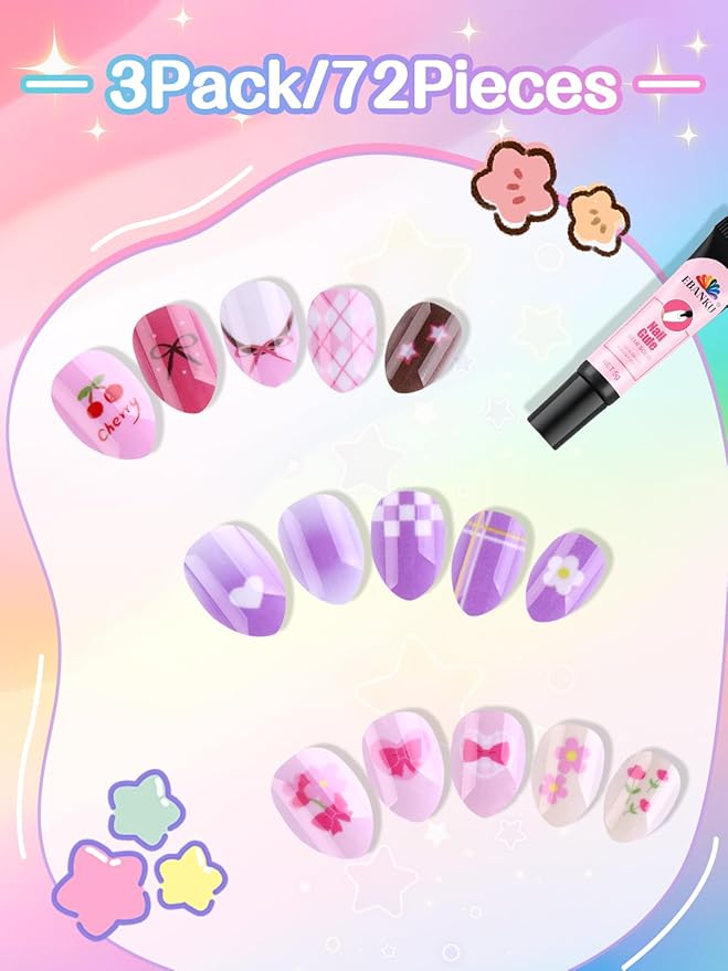 EBANKU 72Pcs Press on Nail Kids, 3 Pack Purple Heart Kid Flase Nails Kit with Nail Glue Set Fake Nail for Girls Nail DIY Salon Home Decor