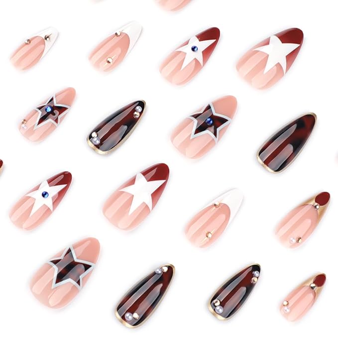 Stars & Tortoise Press on Nails Medium Almond Fake Nails Fall Winter Nails Press ons with Design,Full Cover Stick on Nails for Women Manicure,Reusable | Artificial | Easy Apply | 24Pcs