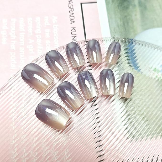 30Pcs Square Press on Nails Chrome Fake Nails Purple Ombre False Nails Glossy Shiny Glue on Nail Press ons Medium Gradient Acrylic Nails for Women Nail Decoration 24Pcs