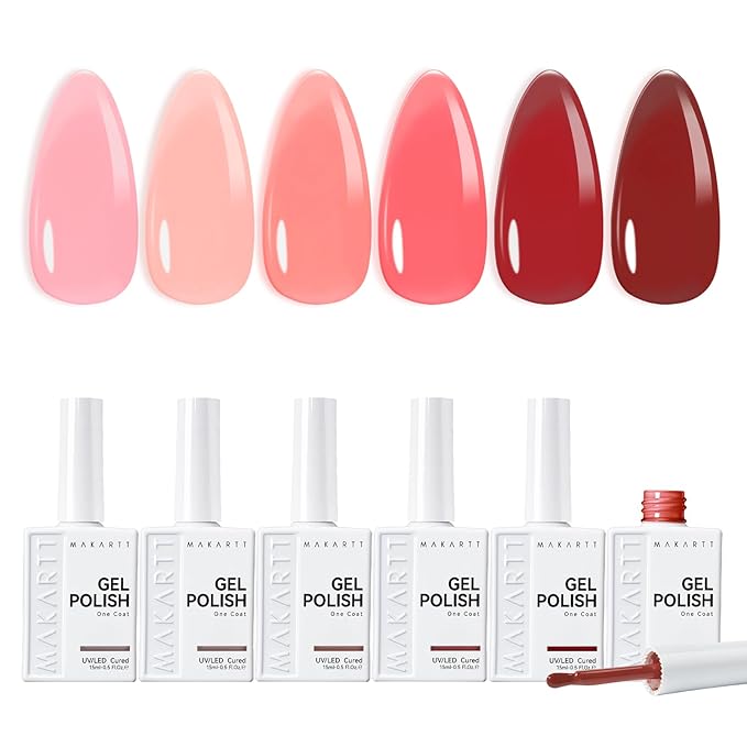 Makartt Jelly Pink Nude Red Gel Nail Polish Set 15ml One N'Done 6 Colors Sheer Gel Polish Kit Soak Off High-Gloss Salon-Grade UV Nail Art Manicure DIY Salon Home - Warm Rose