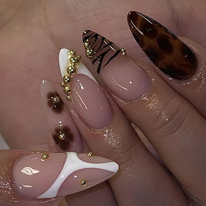 Leopard Print Press on Nails Almond Fake Nails French Tip False Nails Flower False Nails with Gold Rhinestones Design Glossy Stick on Nail Medium Glue on Nail for Women Decoration Set 24Pcs