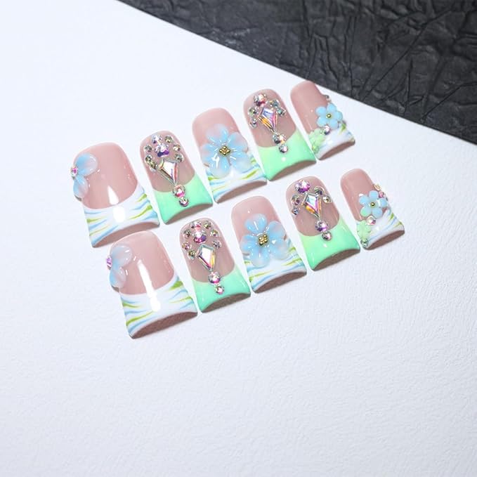 10Pcs Duck-shaped Handmade Press On Nails | French Style with 3D Floral & Rhinestone Decor | Easy to Apply, Remove & Reusable, Salon - Quality (251110, M)