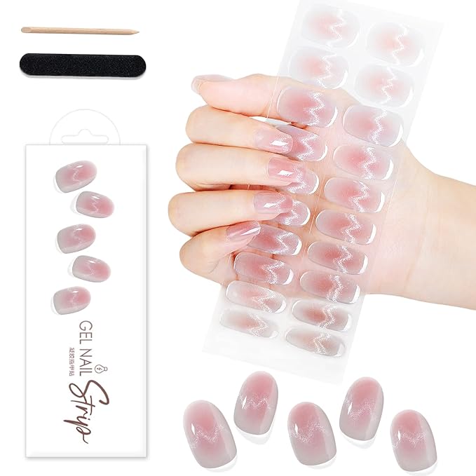 WOKOTO 1 Sheets Transparent Pink & Wave Cat Eye Design Semi Cured Gel Nail Strips With Nail File & Wooden Stick For Women, 20 Tips Semi Cured Gel Nails Polish Stickers Strips UV Full Nail Wraps