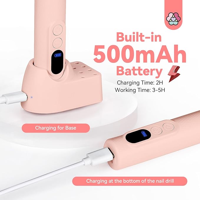 SAVILAND Professional Electric Nail Drill: 20000RPM Cordless Efile Nail Drill Pink Protable Nail File with Base for Nail Grinding & Polishing Gel Acrylic Nails Faster Remover Salon at Home