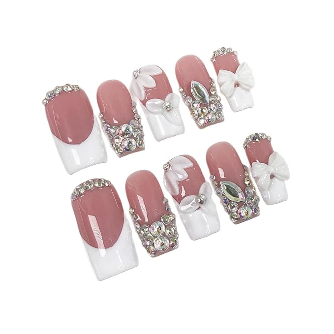 Luxury Rhinestone Medium Square Press on Nails Handmade 3D Flower Art Fake Nails Sparkly Glossy Design White French Thick False Nails Muti-Layer Gel Stick on Acrylic Nail for Women 10Pcs (Size M)