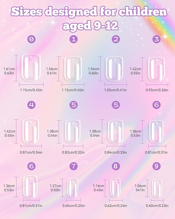 krofaue Kids Nail Tips - 240pcs Children Square Clear Press On Nails for Little Girls 10 Sizes Soft Gel Tips Extensions for DIY Decoration (9-12 years old)