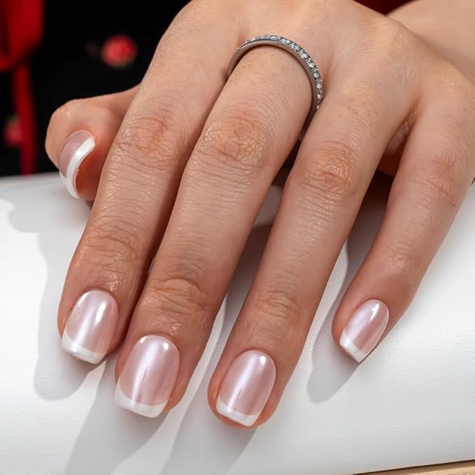 Curvlife Press On Nails Short Square White - Pearl French Tip Press on Nails with Glue, Glossy Nude White Pearl French Fake Nails Long Lasting False Nail Tips for Women