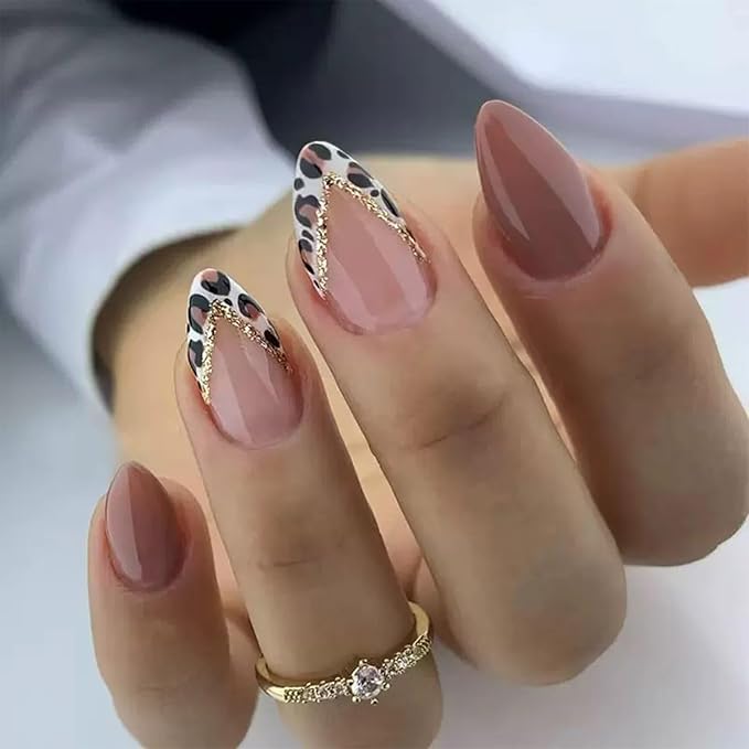 Short Almond French Tips Press on Nails Gold Glitter Striped False Nails with Leopard Print Designs Brown Full Cover Glue on Nails Removable Acrylic Stick on Nails For Women 24 Pcs