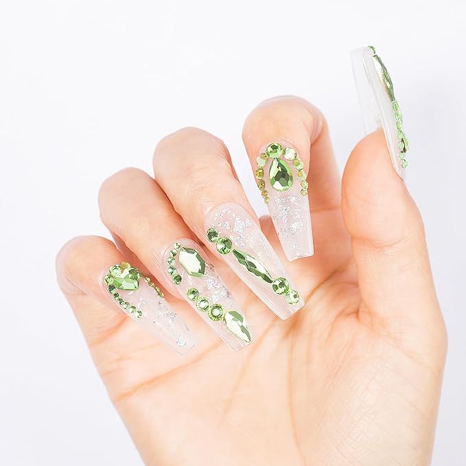HNUIX Nail Rhinestones - 3D Multi Shape Size Crystal, Crystal Light Green, Flat Back, with Kit, for Nail Art, DIY Decorations