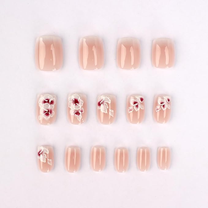 French Press On Nails Short Square White Nude Gradient False Nails Delicately Adorned with White Silver Flowers Reusable Glue On Nails for Women Kit 24Pcs