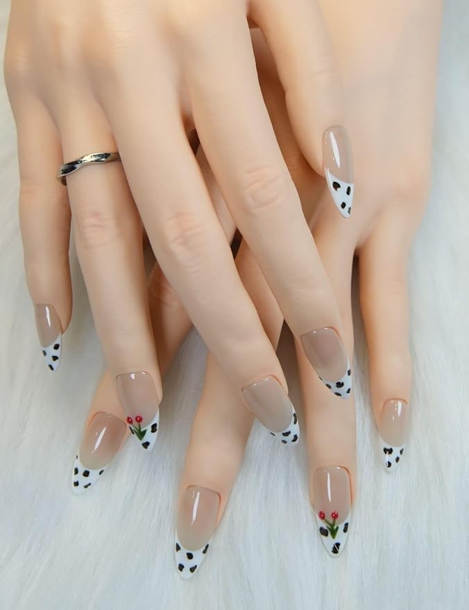 Almond Press On Nails Medium Fake Nails Handmade False Nails Nude Color Nail Charms, Zebra French Tip Acrylic Nail Kit Gel Nails,Reusable Stick on Nails for Women 10pcs M