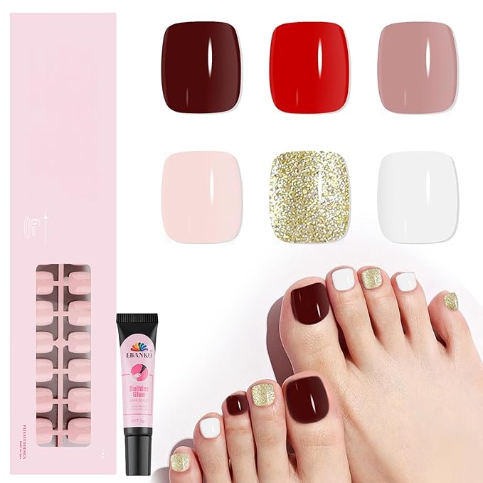 EBANKU 216 Pcs Press On Toenails Short, French Toe Nail Tips Square False Toenails 18 Sizes Press On Nails Gold Pink Brown Full Cover Nail Tips with Nail Glue for Nails DIY Salon Home