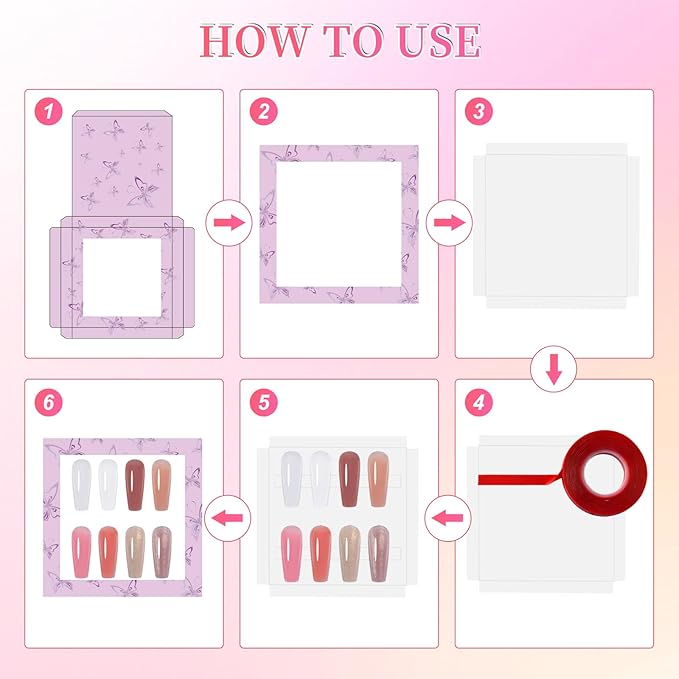 ANGNYA 72PCS Empty Press On Nail Packaging Box Contains 35PCS Butterfly Press On Nail Boxes, 35PCS White Display Cards, 2PCS Double Sided Tapes, Nail Tip Storage Case for Press-on Nail Business