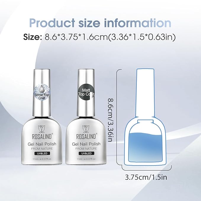 ROSALIND 2PCS Top Coat Gel Nail Polish Set, 11ml Glitter and Matte Gel Top Coat,Glitter Gel Polish Glossy Sparkle Finish Long Lasting Soak Off Pearlescent Shimmer Manicure Nail Art for Women