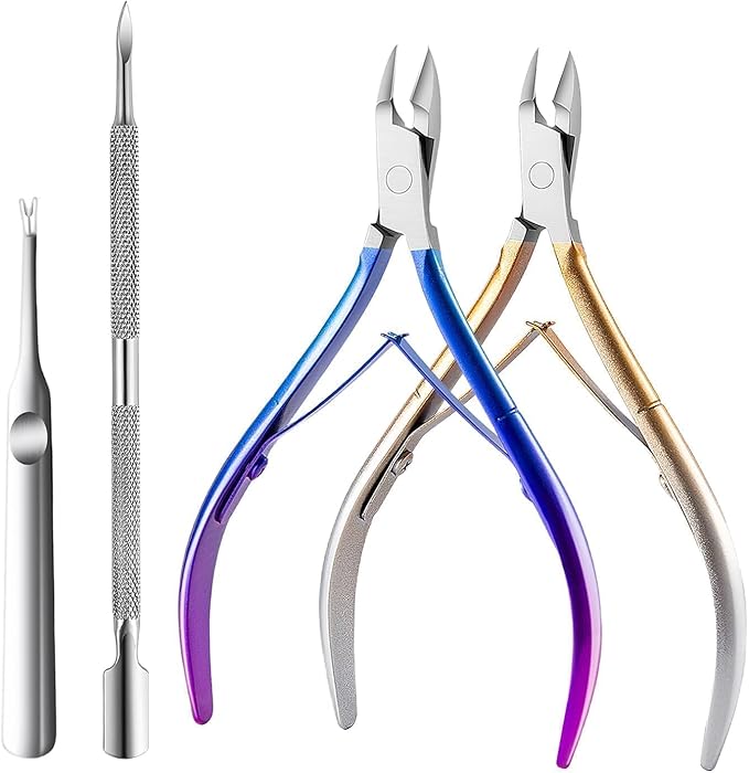 Cuticle Nipper, Polished Coated Durable Trimmer with Pusher, Nail Clipper with Fine Edge, Comfort Grip Cuticle Cutter and Remover Tool Kit for Nail Care (Yellow+ Blue+ Pusher)