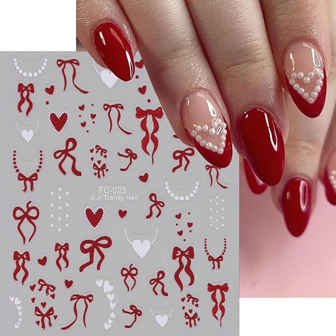 8 Sheets Valentines Day Nail Stickers for Nail Art Self-Adhesive Cute Bow Nail Art Stickers 3D Laser Bowknot Heart Star Nails Decals Red White Design French Tip Manicure Decorations Supplies for Women