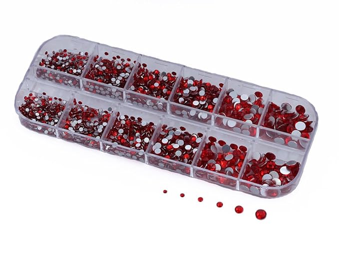 Over 2100 Pieces Red Ruby Lt Siam Flat Back Glass Rhinestones Crystals for Nail Art Kit 6 Sizes (1.4mm - 4.8mm)