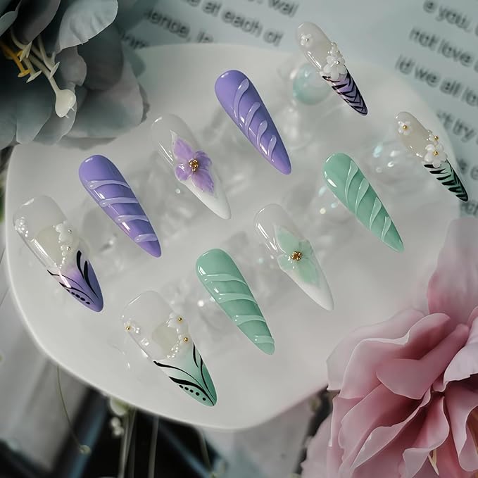Floral Press on Nails Long Almond - French Tip Design with 3D Hibiscus Flowers Pearl Purple Green Ombre Leopard Print, Nails Arts and Crafts for Women (Flower Fairy, M)