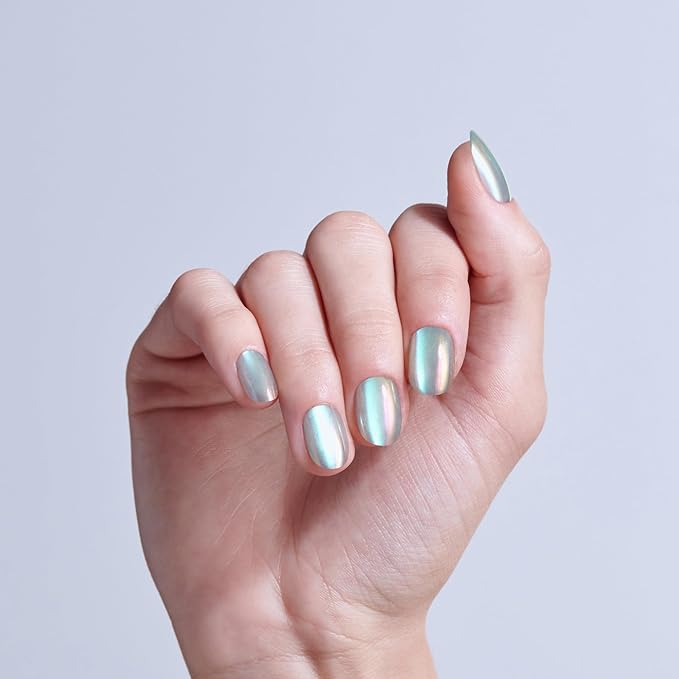 KISS GLAM, Press On Nails, Nail glue included, 'Celestique', Blue, Short Size, Round Shape, Includes 32 Nails, 2g Glue, 1 Manicure Stick, 1 Mini File