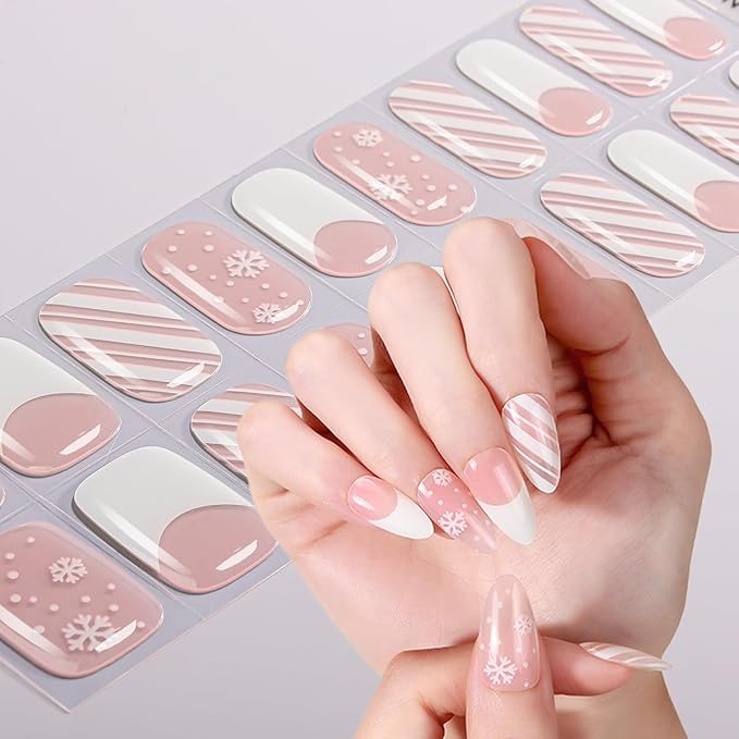 20pcs Christmas Semi Cured Gel Nail Strips - Salon-Grade DIY Wraps with Glaze Texture, Easy Application, UV Light Required for Festive Nails(Pink White Snowflake Winter)