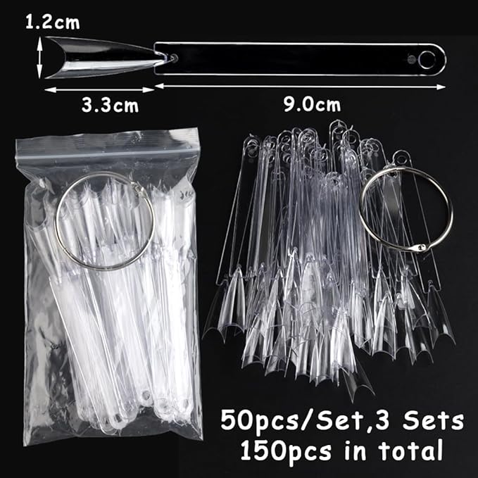 150 Pcs Nail Swatch Sticks with Ring, Long Stiletto Nail Art Tips, Transparent Acrylic False Nail Sample Sticks Polish Gel Display Practice Manicure Tools for Home or Salon Use
