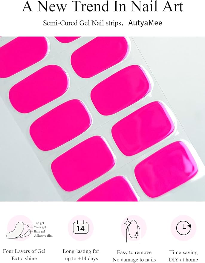 Semi Cured Gel Nail Strips (Hot Pink N1), Solid, 20 Pcs Summer Gel Nail Wraps, Stickers, Salon Quality, Works with Any UV Lamps