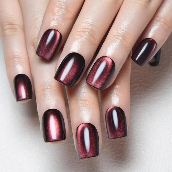 evpct Wine Red Cat Eye Extra Short Press on Nails Square, Petite Short Square Stick on Nails for Women Gift, Black Wine Red Metallic Glitter Glossy Reusable Gel Press on Acrylic Fake Nail with Designs