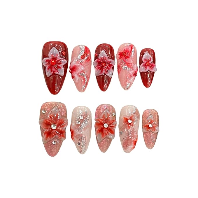 Flower Press on Nails Medium Almond Glitter Fake Nails 3D Luxury Floral Rhinestones Embossed Designs Handmade Press on Nails Muti-Layer Gel Thick False Nails Red Gradient Acrylic Nails (Size S)