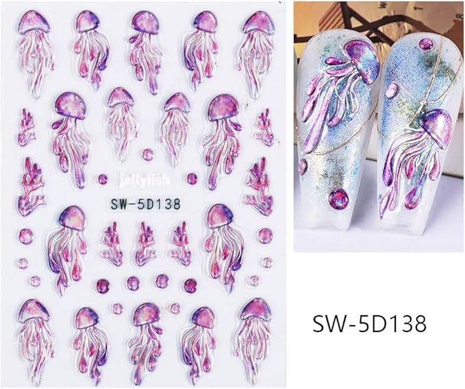 5D Embossed Beach Nail Stickers Ocean Nail Art Stickers Summer Nail Decals Self-Adhesive Nails Sticker Cute Jellyfish Shell Starfish Nail Supplies for Women Acrylic Nails DIY Manicure 3Sheets…