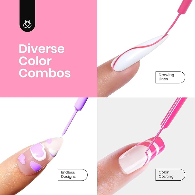 beetles 6 Colors Nail Art Gel Liner White Pink Summer Blue Red Gel Nail Polish Painted Soak Off Uv Lamp Art Nails for Thin French Line Nails Drawing Stripe DIY Manicure Gifts for Women