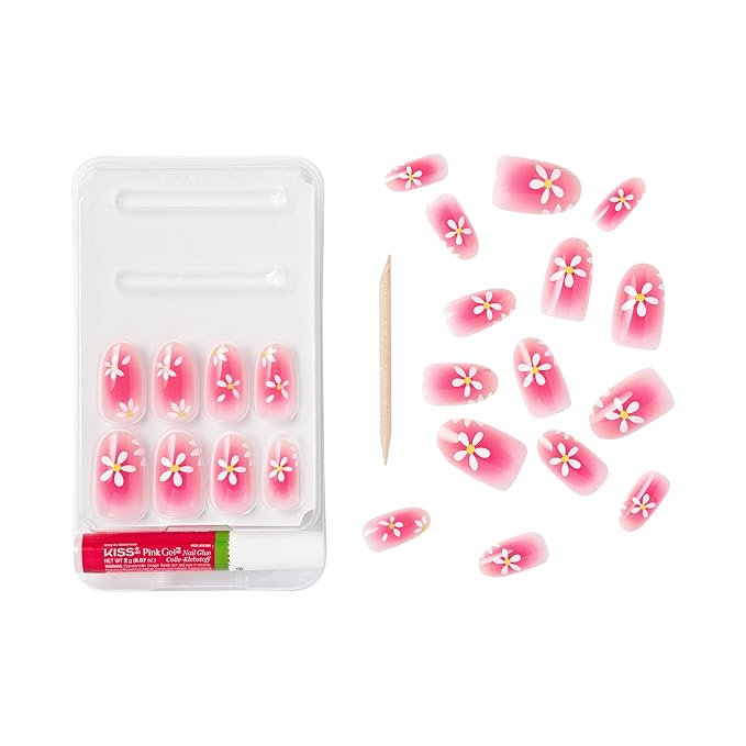 GoldFinger 24 Pcs Press On Nails,Medium Oval Fake Nails, Pink Flower Aura Gel Stick On Extensions, Reusable Full Cover False Nail Kit with Glue, Manicure Stick & File, 7 Day Long Lasting Wear