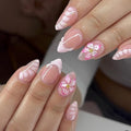 Short Almond Press on Nails Pink Flower Fake Nails Spring Summer Nails Press ons with Design,Reusable Artificial Nail Full Cover Stick on Nails for Women Manicure 24Pcs