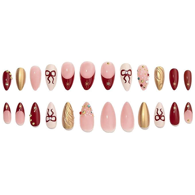 Christmas Press on Nails Medium Almond MABKJLF Fake Nails French Tip False Nails with Rhinestones Bow Pearls Designs Full Cover Glossy Glue on Nail Acrylic Nails for Women Girls 24Pcs