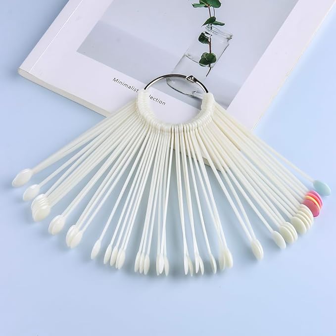 150 Pcs Nail Swatch Sticks with Ring, Natural Beige Spoon Shaped Nail Art Polish Color Display Practice Tips, Acrylic False Nail Sample Sticks Practice Tools for Home or Salon Use