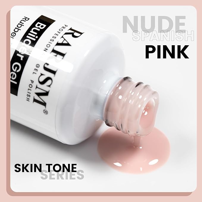 RARJSM Rubber Base Gel Nail Polish Nude Spanish Pink Skin Tone Rubber Base for Nails Natural Nude Color French Manicure Brush on Extend Gel Builder Soak Off Curing Requires 15ml Salon Home DIY Use