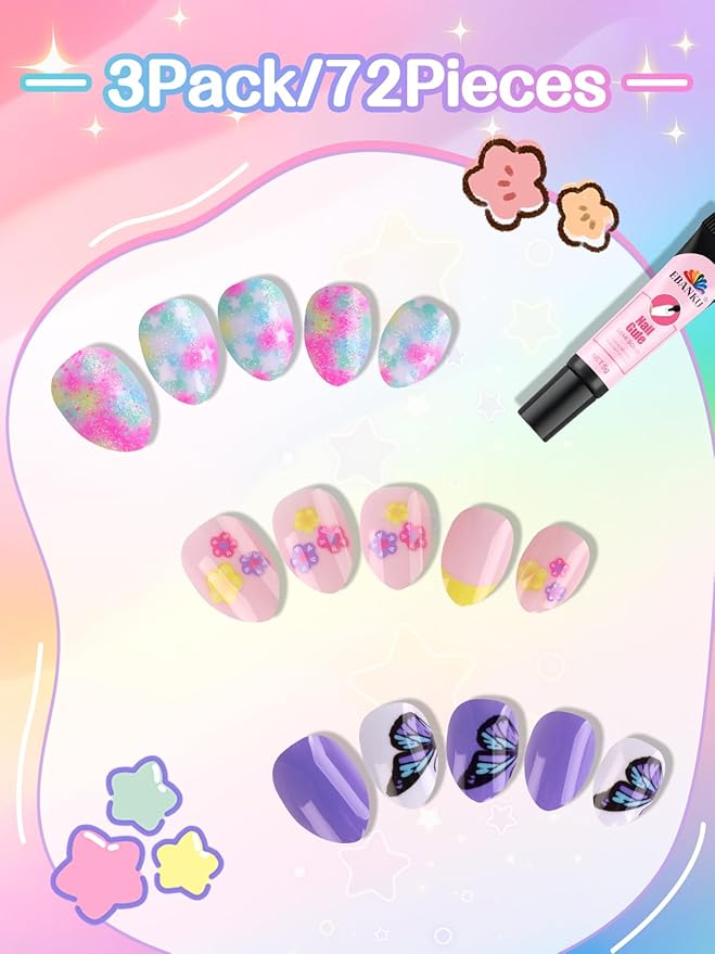 EBANKU 72Pcs Press on Nail Kid, Butterfly Flower Fake Nails for Kids Colorful Press on Nail Short Artificial False Nail Kits for Nail DIY