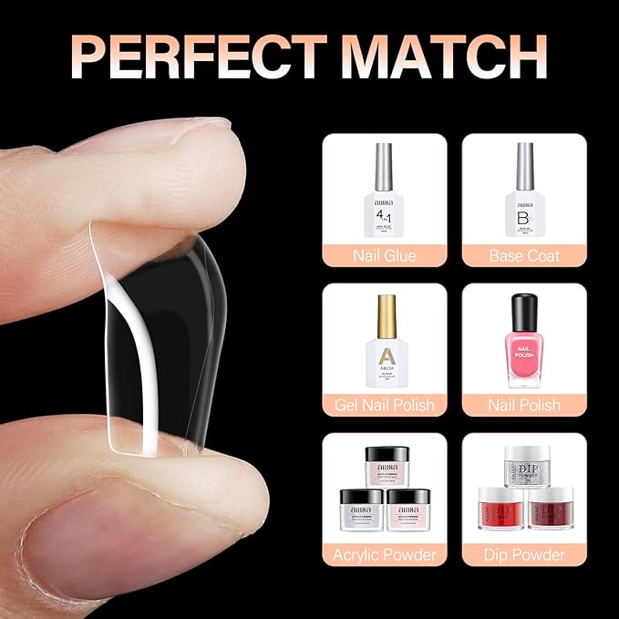 AILLSA Short Square Nail Tips - 504pcs Clear Soft Nail Tips Full Cover Gel Nails Tips Pre-shaped Acrylic for Extensions Easy for Home DIY Nail Salon 12 Sizes