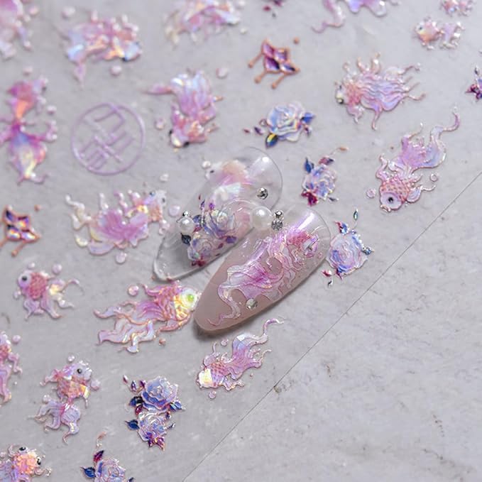 3Sheets Lucky Fish Nail Stickers Gold Pink Laser Chinese Character koi Acrylic Nail Decals for Chinese New Year Tattoo Design Supplies (Fish)