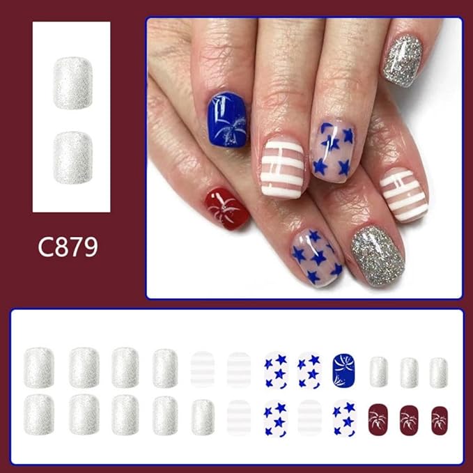Independence Day Press on Nails Short Square Fake Nails with Star Designs Red Blue Fairworks False Nails Glitter Stick on Nail Striped 4th of July Acrylic Nail for Women Girls Manicure 24Pcs