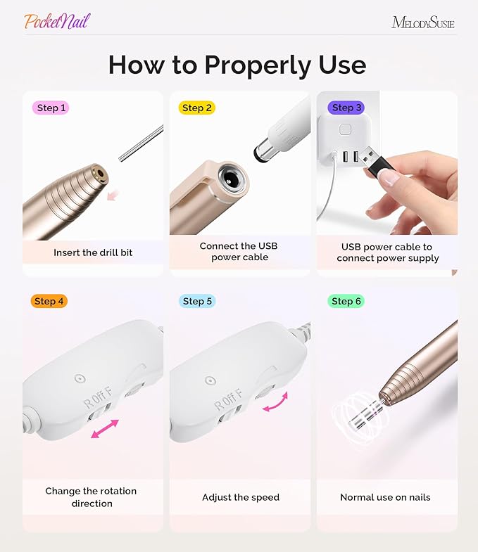 MelodySusie PocketNail Slim Ergonomic Pen-Shaped USB Nail Drill, PC100G 20000RPM Portable Electric File for All Manicure, Pedicure Nail Care, Shaping & Gel Removal at Home for Beginners