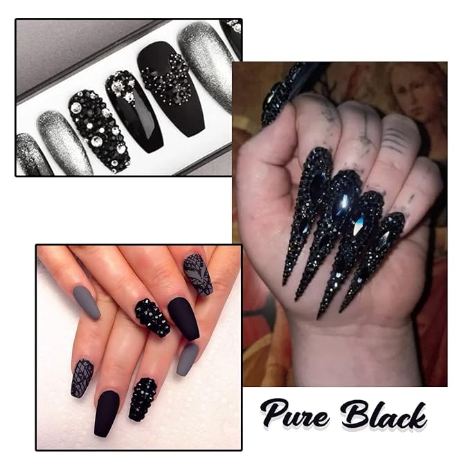 2052Pcs Black Nail Rhinestones Multi Shapes Jet Black Rhinestones for Nails Flatback Nail Gems K9 Glass Dark Black Round Beads Stones Diamonds Nail Charms Art for Nails Face Eyes Makeup Crafts
