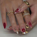 Medium Press on Nails Almond - Red Fake Nails with Flower Gold Line Design - Glossy Full Cover Stick on Nails for Women Manicure 24 Pcs