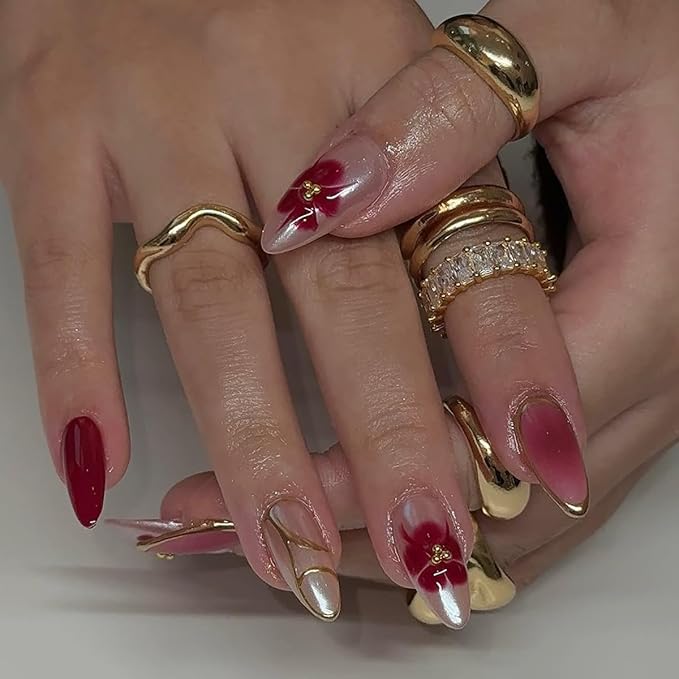 Medium Press on Nails Almond - Red Fake Nails with Flower Gold Line Design - Glossy Full Cover Stick on Nails for Women Manicure 24 Pcs