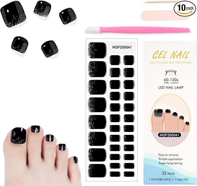 WOKOTO Semi Cured Gel Nail Strips For Toenails, 16 Size 32 Tips Black Glitter design Toe Nail Polish Strips With Nail File & Wooden Stick, Works With Lamps, Salon-Quality, Long Lasting, Easy To Use
