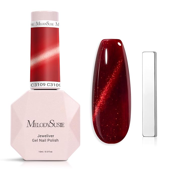 MelodySusie Jeweliver Cat Eye Gel Nail Polish, 0.5 Fl Oz Burgundy Red Glitter Holographic Magnetic Nail Polish with Magnet, UV Nail Polish for Nail Art Manicure Salon DIY at Home C3109